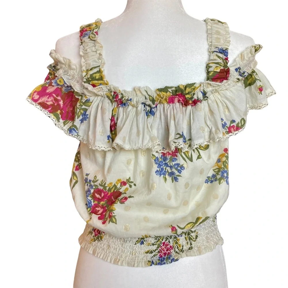NWOT House of Harlow Off-the-Shoulder Smocked ruffle floral blouse-Sz M - Picture 10 of 11
